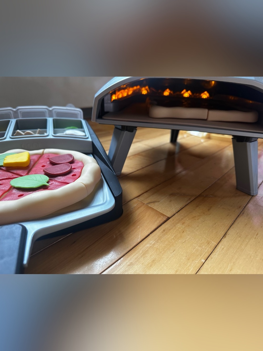 Kids Play Pizza Oven Toy with topping station and recipe cards